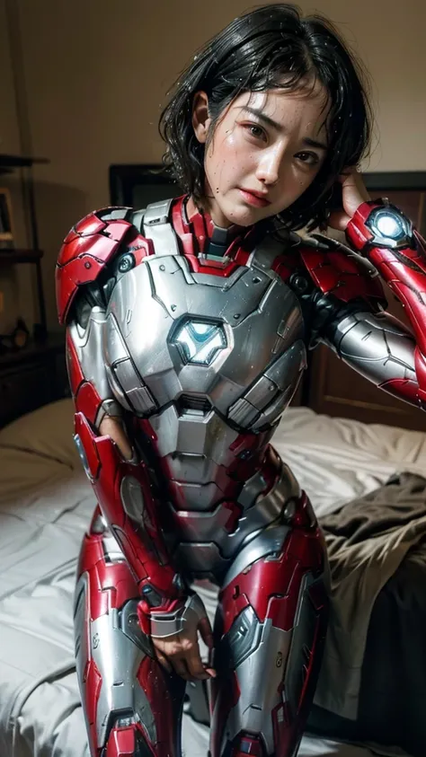 Highest quality　8k Iron Man Suit Girl　Middle-aged women　Sweaty face　cute　short hair　boyish　Steam coming out of my head　My hair is wet with sweat　The feel of black hair　Full body portrait　My upper body is soaked　 　I can see the vagina　Lying in bed