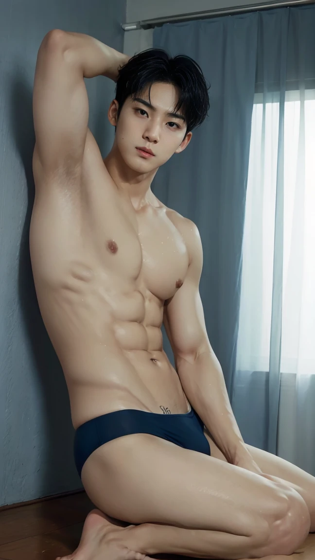 Handsome, tall, Korean man, pecs, slim legs, sexy blue pastle underwear brief bikini, gorgeous, Wolf curtain hairstyle, Wet Body, bulge, Humping back pose, Humping in a ground, Showercore, Comic Artstyle 2D