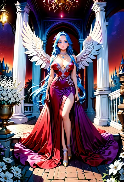 Arafed, a picture of a female angel in high society prom event, divine beautiful feminine angel, (blue hair: 1.4), long hair, flowing hair, the hair glows in a soft light, cerulean eyes, deep light eyes, divine feminine face, she wears a ((purple and red e...