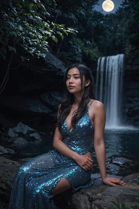 shot by Sony a7 IV Mirrorless Camera, natural light, analog film photo, Kodachrome ,in a magical crystal world , a woman is sitting near a waterfall on a full moon night , sparkling and glittering glowing particles in the air , soft bluish glow
