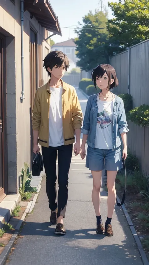 anime girl walking her dog on a leash on a sunny day, a picture by Makoto Shinkai, pixiv, happening, makoto shinkai!!, in style of makoto shinkai, makoto shinkai!, style of makoto shinkai, anime. by makoto shinkai, makoto shinkai art style, ( ( makoto shin...