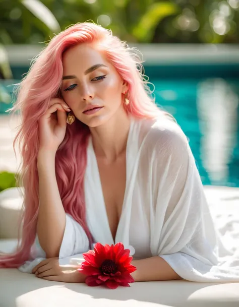 beautiful woman with long pink hair wearing( a white blanket blouse), with a red flower in front of her covering one eye and part of her face, natural sunlight,sitting in outside the pool of Maldives , light colors, bokeh style, in the style of ultrafine d...