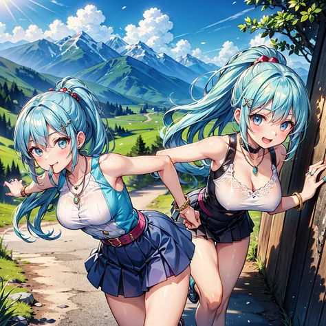 Anime Moe Art Style,Highest quality,High resolution,Anatomically correct,One Girl,Mid-teens,A girl with light blue hair in a ponytail,Super detailed,Fantasy World,Sleeveless blouse,mini skirt,Big Breasts,Shiny skin,Beautiful Skin,A rich expression,Laughing...