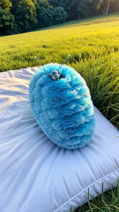 Fluffy arctic blue baby caterpillar laying on an oversized bed of bright green grass smiling with huge excited wide open eyes looking upwards to the vibrant golden yellow and amber rays of light from the sun that is peering out from behind silver gray rain...