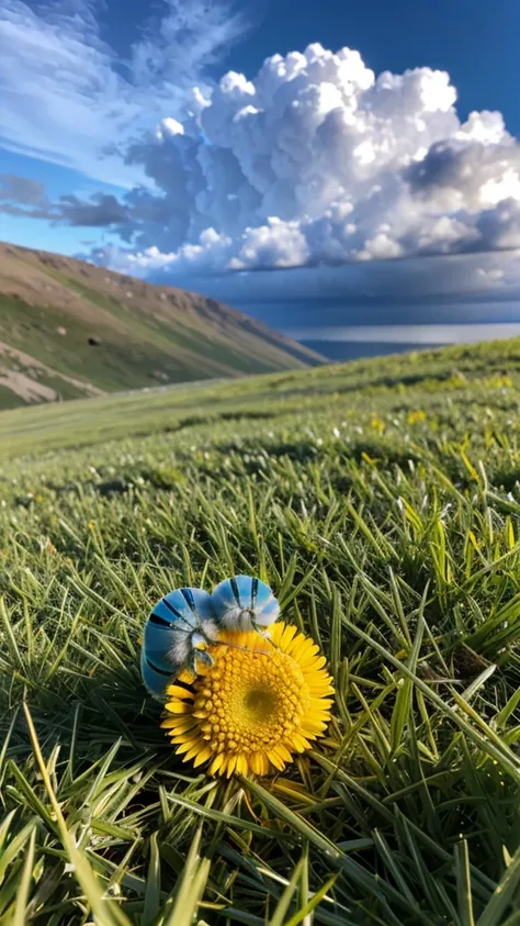 Fluffy arctic blue baby caterpillar laying on an oversized bed of bright green grass smiling with huge excited wide open eyes looking upwards to the vibrant golden yellow and amber rays of light from the sun that is peering out from behind silver gray rain...