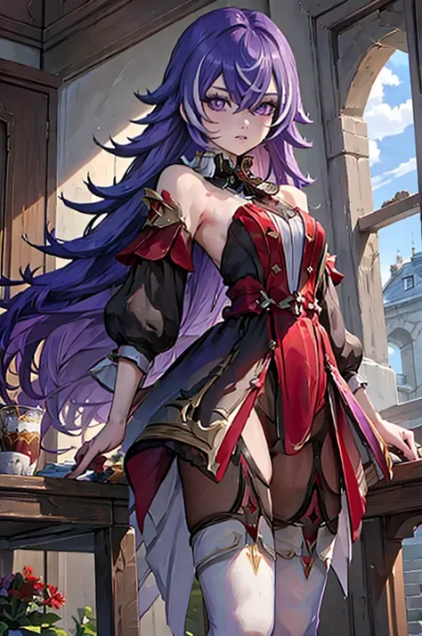 Chevreuse from Genshin Impact, cute sexy girl with purple hair, tights