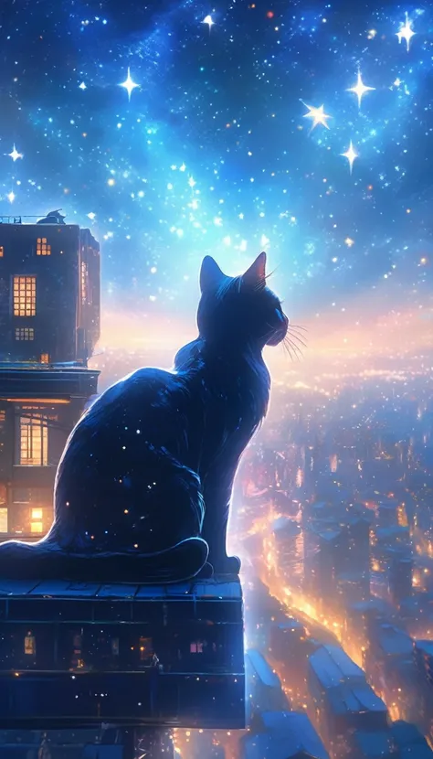 1 girl standing on a rooftop, night city skyline and starry sky background, ((giant Starlight cat on the right side)), detailed facial features, dramatic lighting, moody atmosphere, cinematic, surreal, (best quality,4k,8k,highres,masterpiece:1.2),ultra-det...