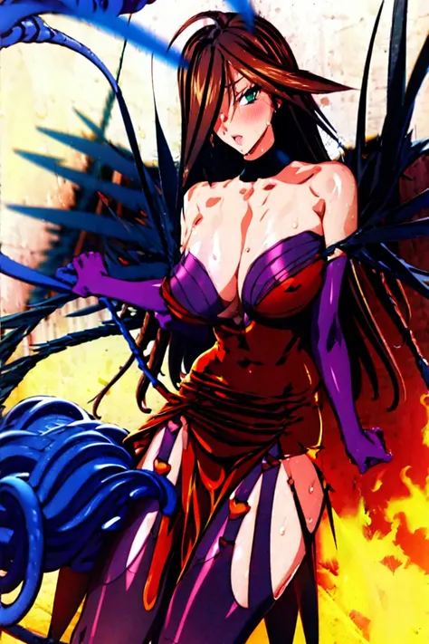 masterpiece, Anime screenshots, 1 Girl, alone, Brown Hair, Long Hair, Green Eyes, Red dress, Cleavage, Bare shoulders, Knee socks, - Elbow hand pockets, Black wings, Outdoor, inhibition, Tentacles, Shuma-Gorath, Cowboy Shot, whole body, Elbow hand pockets,...