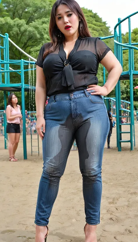 1girl,(masterpiece:1.8),photo-realistic,16k,(beautiful 40s japanese plump lady:1.3),(black chiffon blouse:1.4),denim pants,sandals,(playground:1.4),(crowd kids:1.6),(leaking pee:1.3),(dripping pee:1.3),(blush:1.8),(panicking:1.6),(sobbing:1.4),long hair,st...