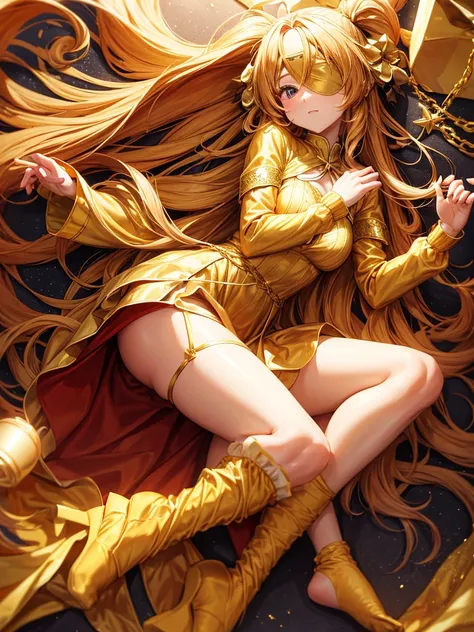 Golden long hair golden blindfold over eyes golden christmas dress golden gloves golden socks golden shoes