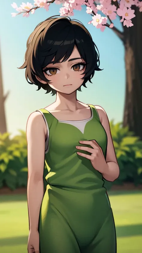 a cute young boy with short black hair, detailed face and eyes, beautifully styled hair, wearing a , standing in a lush garden filled with sakura trees, warm lighting, detailed background, (best quality,4k,8k,highres,masterpiece:1.2),ultra-detailed,(realis...