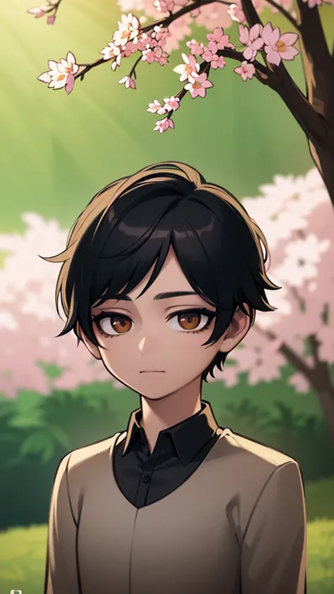 a cute young boy with short black hair, detailed face and eyes, beautifully styled hair, wearing a , standing in a lush garden filled with sakura trees, warm lighting, detailed background, (best quality,4k,8k,highres,masterpiece:1.2),ultra-detailed,(realis...