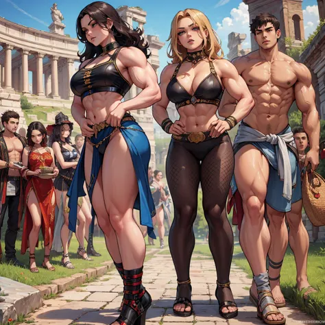 ancient rome, roman villa background, group of young girls, female gladiators, young, teens, muscular, bodybuilder, athletic, buff, attractive, curvy, powerful, varied ethnicities, 