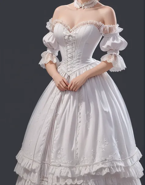 masterpiece, victorian style, anime style, girl, A fluffy dress with a crinoline that tapers at the top while maintaining its width at the bottom. Fits snugly around the waist. Sweetheart neckline, open shoulders, light puffy sleeves, decorated with lace a...