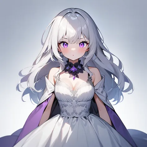 nafw,(2 girls:1.3),(duo),breast,absurdres,best quality,very aesthetic,absurdres,bra,(light silver White hair),太もも,(purple),(straight-on),(long hair),(gown)