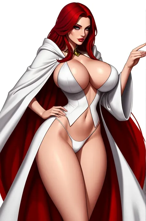 sorceress. sexy white robe, black panties, red hair, blank background, white background