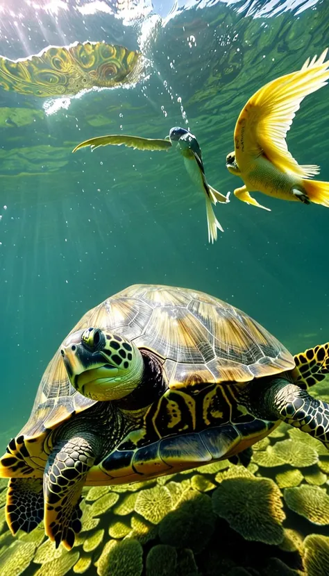 There are many magical turtles living at the bottom of the river，Turtle-like body，But with a bird&#39;s head and a snake&#39;s tail，Mysterious Creatures, shrike, (best quality，4K，8K，High level，masterpiece：1.2），Ultra Detailed，（lifelike，Photo real，Photo real...