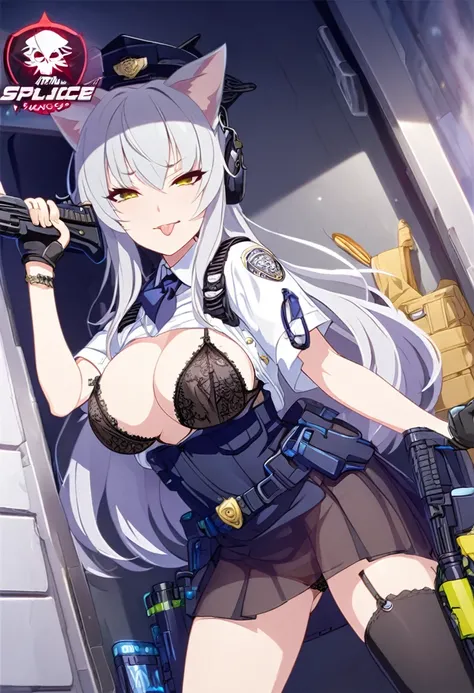 NSFW,1girl,Fox ears,Silver Hair,Trimmed long hair,high school girl,Police uniform,Wicked Smile,Sticking out tongue,Mobile Task Force Equipment,Possession of a gun,full Art,Normal breasts,Flip-up skirt,Sheer black lingerie