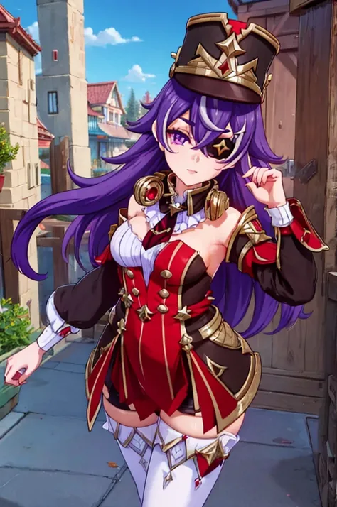 Chevreuse from Genshin Impact, cute sexy girl with purple hair, eye patch, tights, sexy, erotic