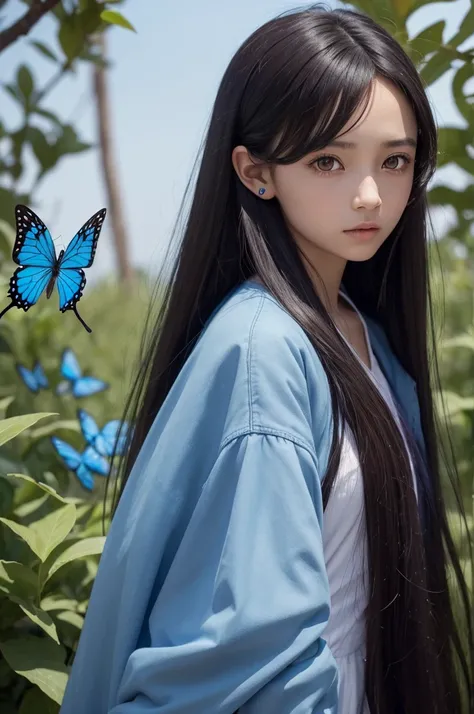 Kizi, eleven, dark hair, long ears, crimson eyes, looking straight ahead, a blue butterfly flying near her