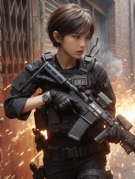 8K,Realistic Photo、Realistic Skin Texture、Superrealism、Japanese woman in LA SWAT、Operation、In a mid-sized American city、old buildings、sparks、Burst smoke、Brick、Comes with accurate and detailed black gear、Automatic rifle、Run、Bulletproof vest、Accessories such...