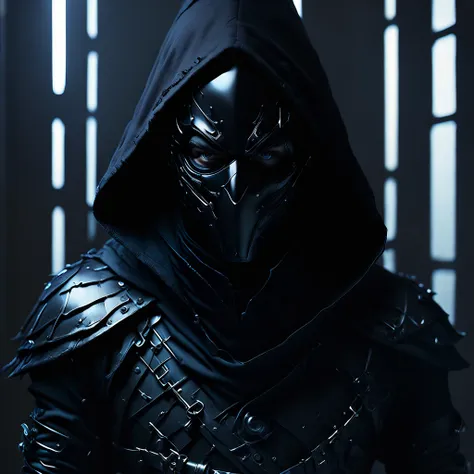 
character with a black hood, and a lighted mirror as a face