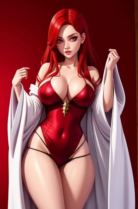 sorceress. sexy white robe, black panties, red hair, blank background