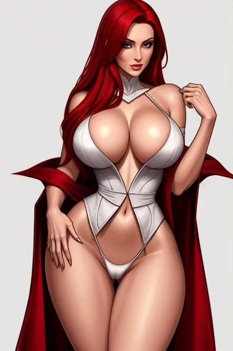 sorceress. sexy white robe, black panties, red hair, blank background