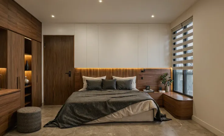 Raw photo,Masterpiece, high quality, best quality, authentic, super detail, interior, indoors, dinning room, kitchen room, style Indochine modern, minimalist line, aiaigroup , wooden, walnut veneer wood, led light, white paint wall, sofa, BED RÔM