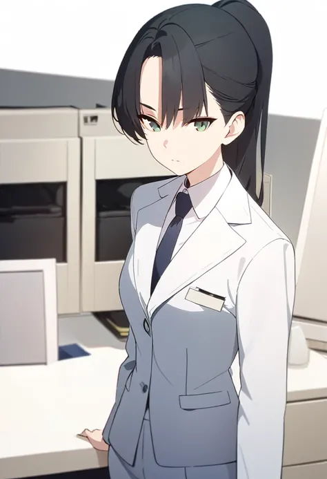 (masterpiece, high quality, best quality, highres,) One Woman, young, black hair, ponytail, Green Eyes, Athletic build, expressionless, closed mouth, office staff suit, Simple white background, standing, cowboy shot, (from the front)