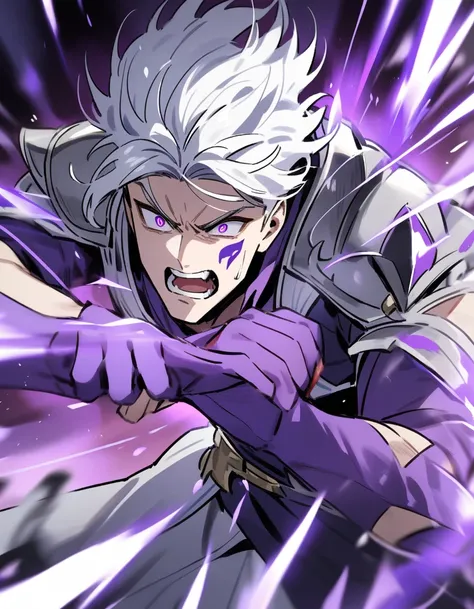 young Greek man with white hair, violet eyes, one of his arms with purple Greek tattoos, with silver shoulder pads, with a bleeding face and going on the attack