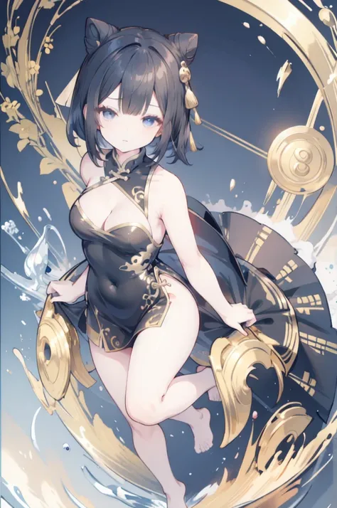 chinese bun black short hair,bun cover,china dress, long dress,tight mini skirt, gold decoration dress, sleeveless, ultra detailed dress,cleavage, cleavage cutout, clothing cutout,,((NSFW))　((hentai))Long black hair　((Toddler girl))　((5 years old))