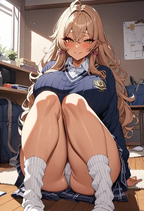 nsfw,masterpiece,ultra detailed,8k,navy school sweater,(short plaid pleated skirt),adult curvy body,(tanned skin:1.1),(japanese gyaru),seductive cute face,cheerful smile,silver panties,sitting and knees up on floor,curvy thighs,(dirty loose socks),makeup,a...