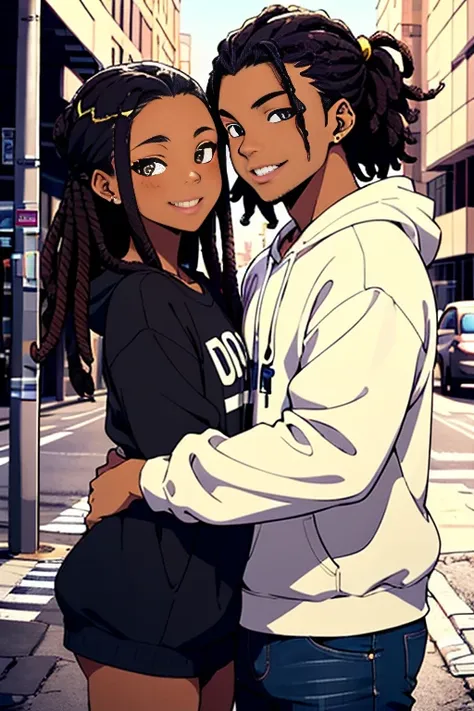 an anime-style image that celebrates love between black couples. black boy and girl, spanish,skin color is brown, matching sweat...