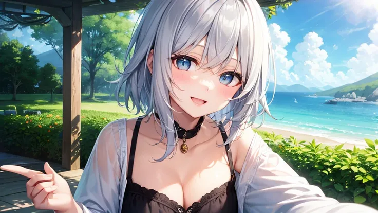 Her eyes were shining、Mysterious and enchanting atmosphere。With AI Painting、とてもShort Hair, Long bangs between the eyes, Grey Eyes , Very detailed,(masterpiece、Highest quality)、alone、Gray Hair、Fantasy, Silver Hair, Beautiful Eyes,Ecstasy, charm, attract the...