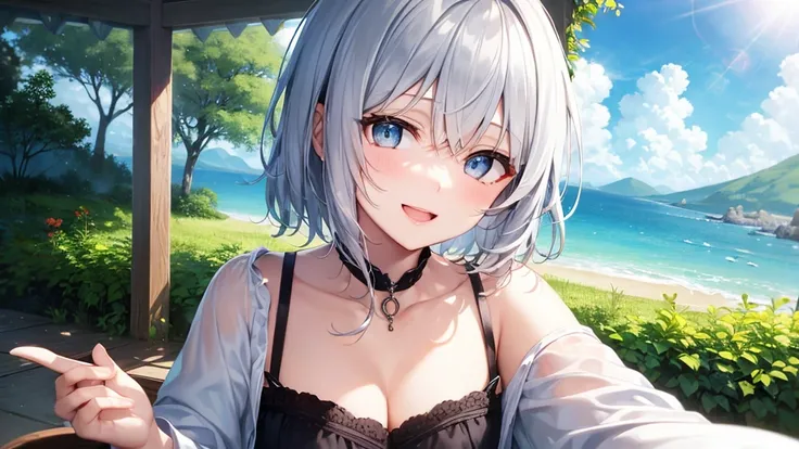 Her eyes were shining、Mysterious and enchanting atmosphere。With AI Painting、とてもShort Hair, Long bangs between the eyes, Grey Eyes , Very detailed,(masterpiece、Highest quality)、alone、Gray Hair、Fantasy, Silver Hair, Beautiful Eyes,Ecstasy, charm, attract the...