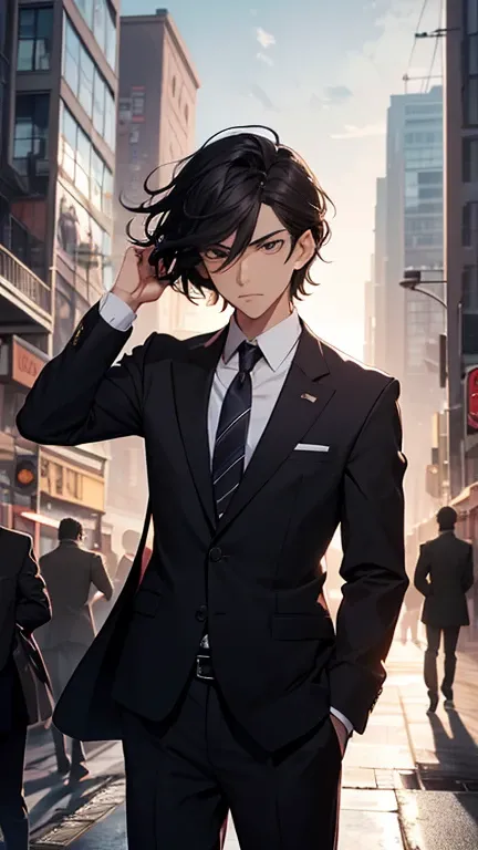 Monday is depicted as a stern, serious young man with short, dark hair and sharp, focused eyes. He wears a formal  and carries a stack of textbooks. Background: The background is a bustling cityscape at dawn, with the first light of the day piercing throug...