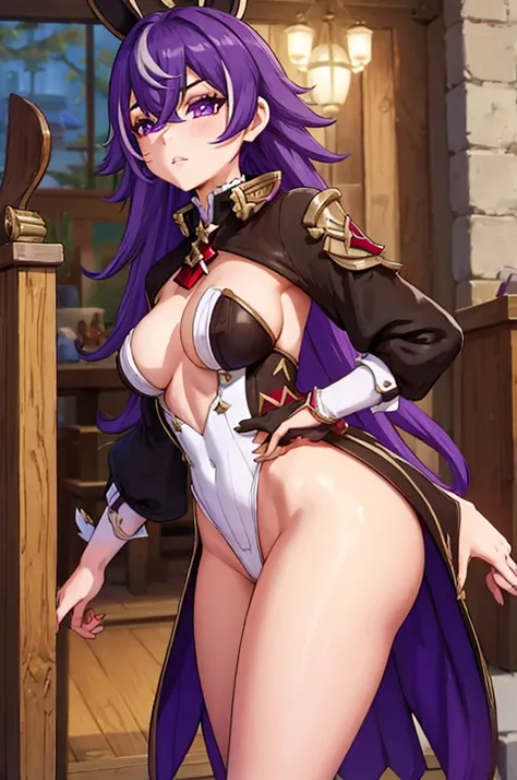 Chevreuse from Genshin Impact, cute sexy girl with purple hair, eye patch, sexy, erotic, thick ass, sexy bunny suit