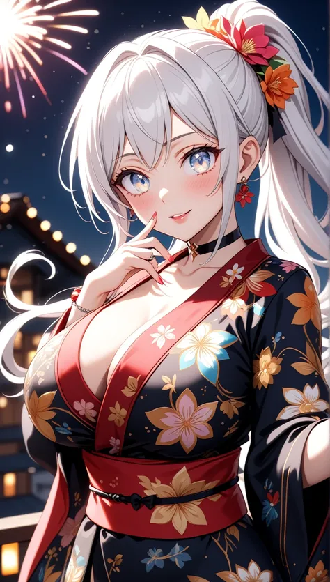 ((One personの女性)), Beautiful Face,Laughing shyly,((one eye closed)), seductive smile,((Bright red cheeks:1.4)),Glossy pink lips,night,rooftop,Festive decorations,You can see the ocean, firework,Laughing with your mouth open,Glossy pink lips,Lighting on the...