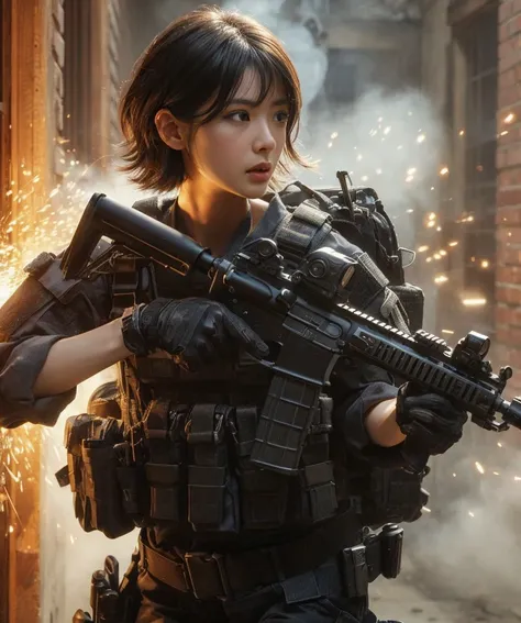 8K,Realistic Photo、Realistic Skin Texture、Superrealism、Japanese woman in LA SWAT、Operation、In a mid-sized American city、old buildings、sparks、Burst smoke、Brick、Comes with accurate and detailed black gear、Automatic rifle、Run、Bulletproof vest、Accessories such...