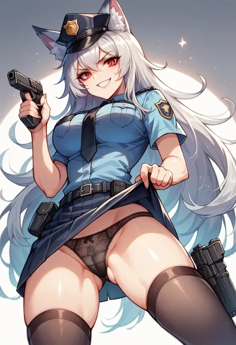 NSFW,1girl,Fox ears,Silver Hair,Red eyes,Slit eyes,Trimmed long hair,high school girl,Police uniform,Wicked Smile,Mobile Task Force Equipment,Possession of a gun,full Art,Normal breasts,skirt lift,Black see-through panties,Pointing a Gun