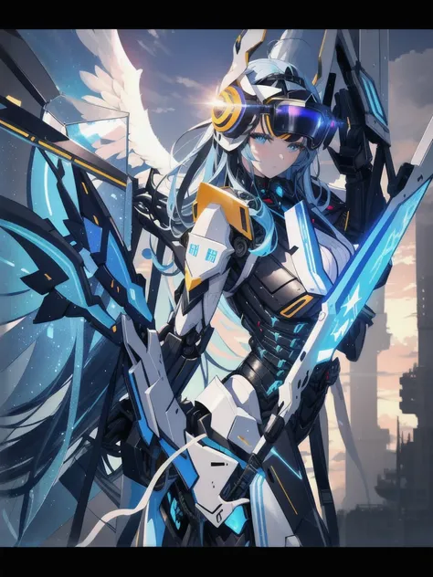 a beautiful detailed angel girl with long flowing blue hair and large blue eyes, wearing a futuristic crop top body armor, mechanical wings, a black trimmed exoskeleton and head mounted display, flying in a futuristic white city with a clear blue visor cov...