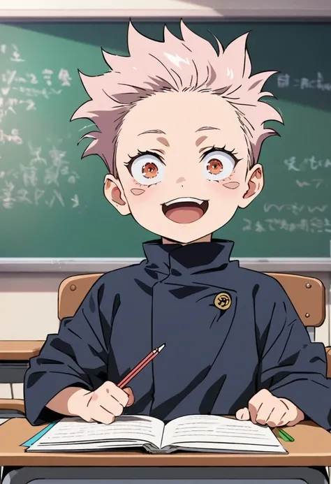 Highest quality, movie image quality, cute  with a good face in the classroom, desk, chair, blackboard, classmate with  (8 years old, little , cute), Jujutsu Kaisen style