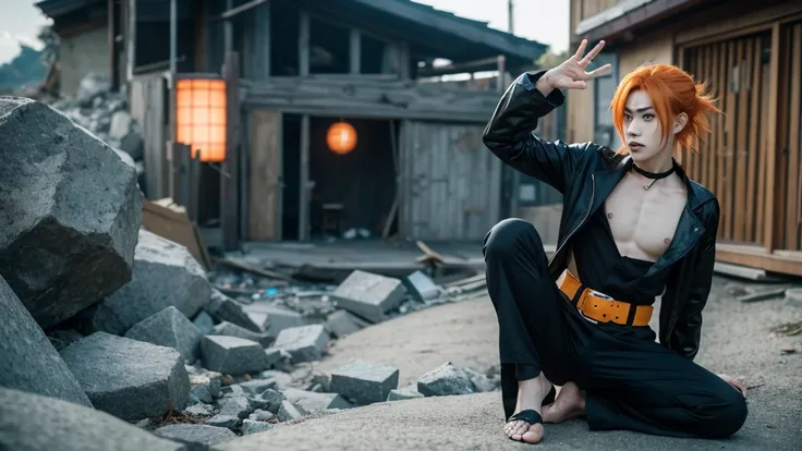 anime role play with orange hair and a black outfit posing for a picture, anime role play, pain From Naruto, role play photo, role player, professional role play, The Joker as Naruto, Ichigo kurosaki, role play, hot topic Comic-Con, Anime Characters; Full ...