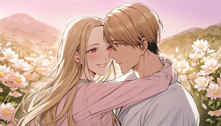 sexy-style, floral background, romance manhwa, masterpiece, best quality, 2others, couple, hetero, 1man with 1woman,
man hair blonde, (Man_red_eyes), 
woman hair blonde, (woman_pink_eyes),
height difference, 
different colors, happy, love, flower-filled la...