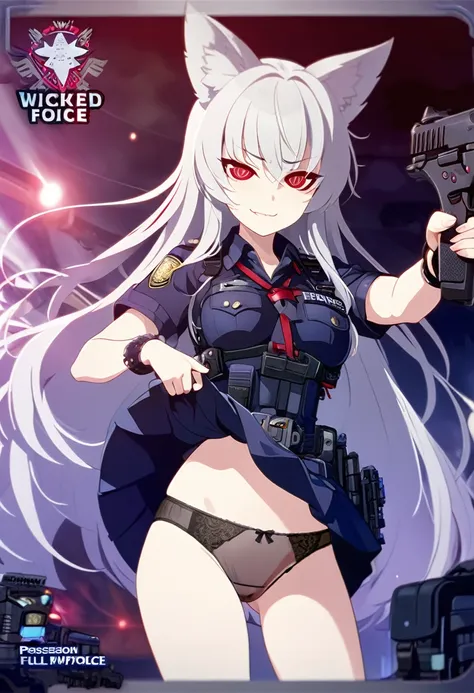 NSFW,1girl,Fox ears,Silver Hair,Red eyes,Slit eyes,Trimmed long hair,high school girl,Police uniform,Wicked Smile,Mobile Task Force Equipment,Possession of a gun,full Art,Normal breasts,skirt lift,Black see-through panties,Pointing a Gun