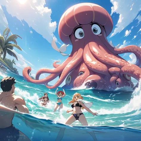 sleeve cape, boys and girls, manga style, beachfront, bikinis, having fun at sea, perspective from below, voleyball na beachfront, a giant octopus appears in the sea