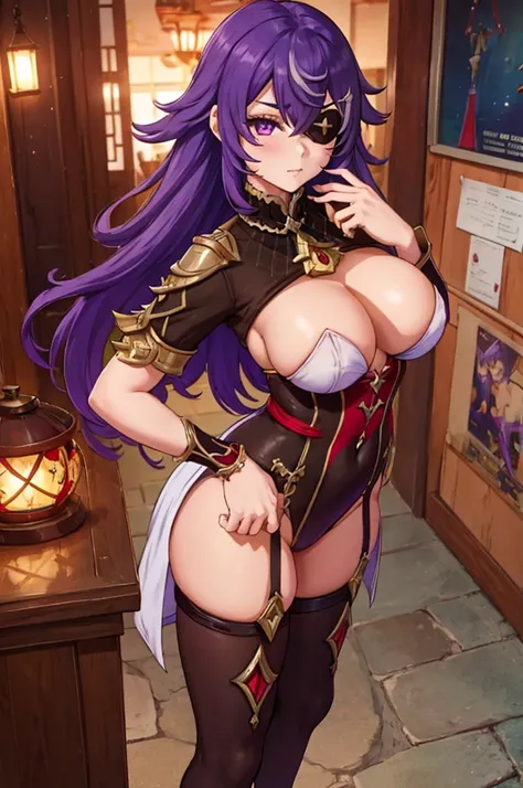 Chevreuse from Genshin Impact, cute sexy girl with purple hair, eye patch, sexy, erotic, thick ass, sexy bunny suit