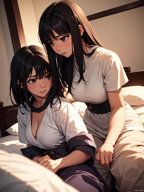 (​masterpiece、top-quality、hight resolution、Unity 8k Wallpaper、extremely details CG:1), The film describes a scene where two women are about to begin a lesbian sexual act together at the side of a bed in a private room. The young woman, nervous for the firs...