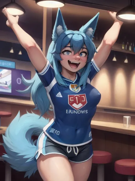 (Masterpiece) (High Detail) (High Res) A short humanoid girl with pale human skin and long blue hair and blue dog ears and a fluffy blue dog tail and average breasts. She is stood wearing an oversized baggy white England Soccer Jersey. England Soccer. Euro...